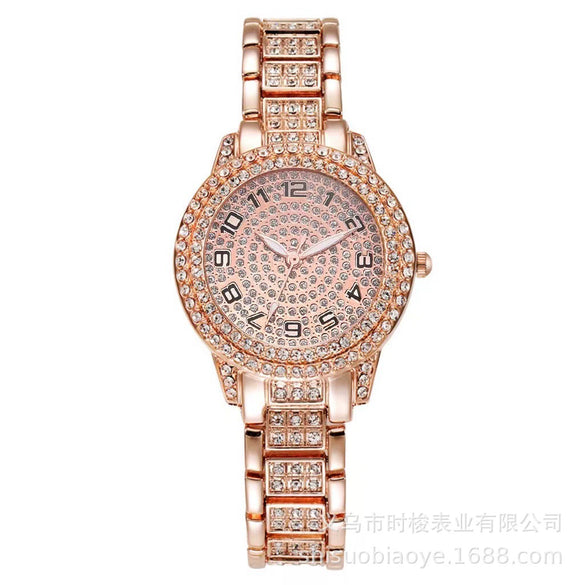 Alloy Band Round Dial Quartz Watch Hip Hop Style Full Diamond
