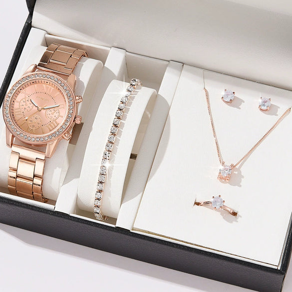 Alloy Band Women's Quartz Watch Set With Round Dial And Leisure Style