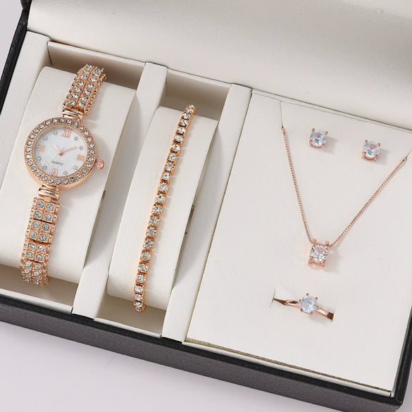 Alloy Band Women's Quartz Watch Set With Round Dial And Leisure Style