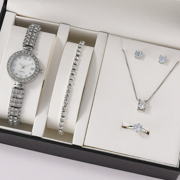 Alloy Band Women's Quartz Watch Set With Round Dial And Leisure Style