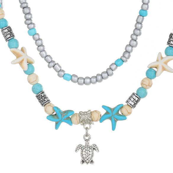 Alloy Bead Chain Women's Handmade Bohemian Animal Geometric Zodiac Turtle Pendant Starfish Turquoise Multi Layer Stacked Clavicle Necklace