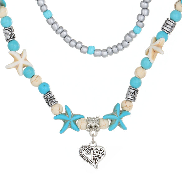 Alloy Bead Chain Women's Handmade Bohemian Animal Geometric Zodiac Turtle Pendant Starfish Turquoise Multi Layer Stacked Clavicle Necklace