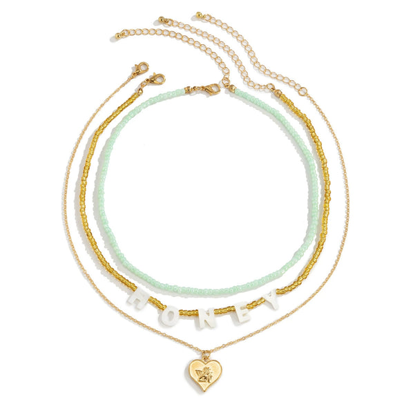 Alloy Bead Letter Stacked Heartshaped Pendant Collarbone Necklace For Women With Geometric Pattern And Electroplating Treatment