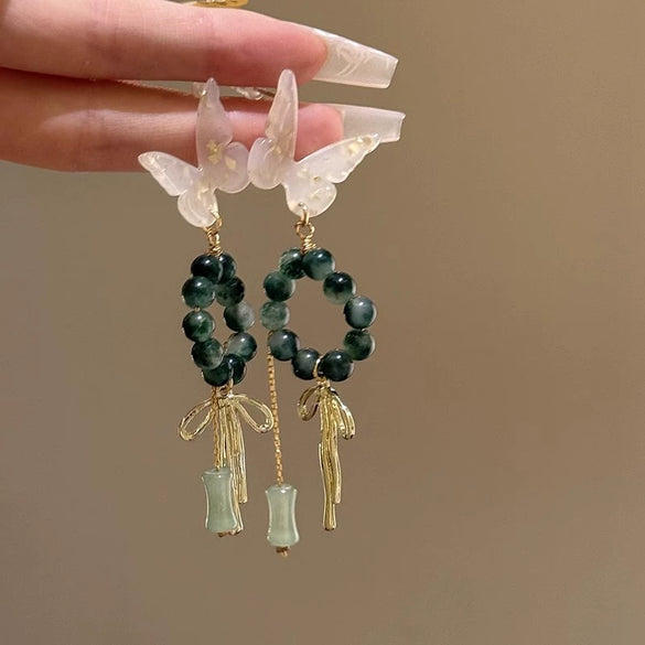 Alloy Beaded Bamboo Tassel And Pink Butterfly Animal Zodiac Electroplated Women's Earrings