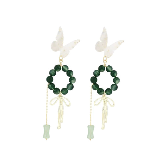 Alloy Beaded Bamboo Tassel And Pink Butterfly Animal Zodiac Electroplated Women's Earrings