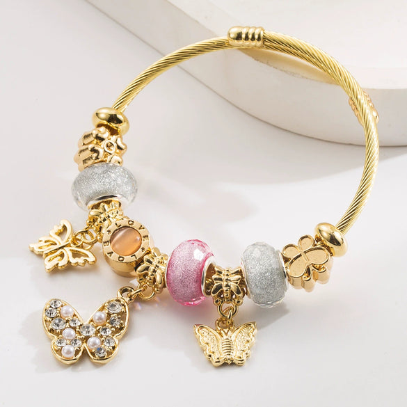 Alloy Beaded Bracelet Set With Diamonds Butterfly Geometric Style Women's