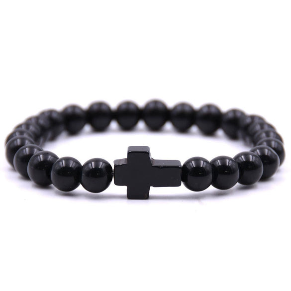 Alloy Beaded Bracelet With Red Turquoise Tiger Eye Stone Volcanic Stone Cross