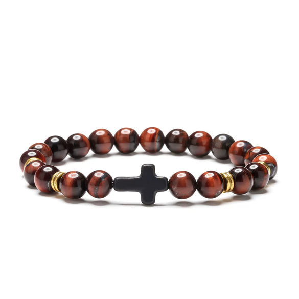 Alloy Beaded Bracelet With Red Turquoise Tiger Eye Stone Volcanic Stone Cross