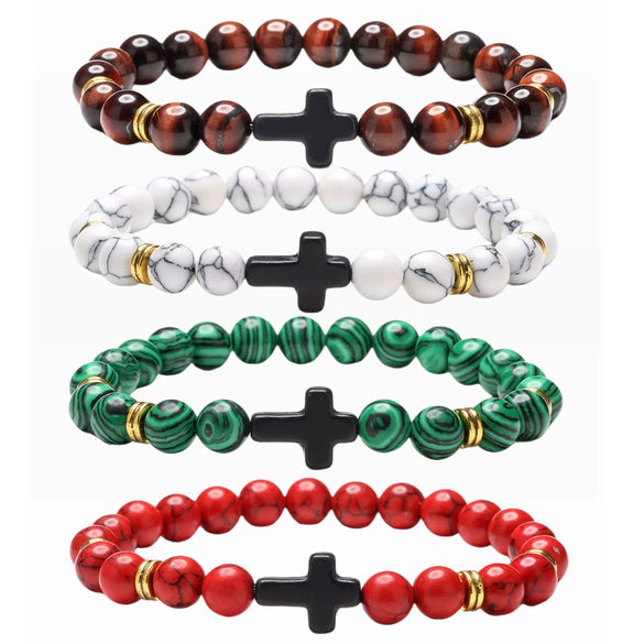 Alloy Beaded Bracelet With Red Turquoise Tiger Eye Stone Volcanic Stone Cross