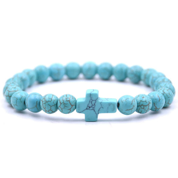 Alloy Beaded Bracelet With Red Turquoise Tiger Eye Stone Volcanic Stone Cross