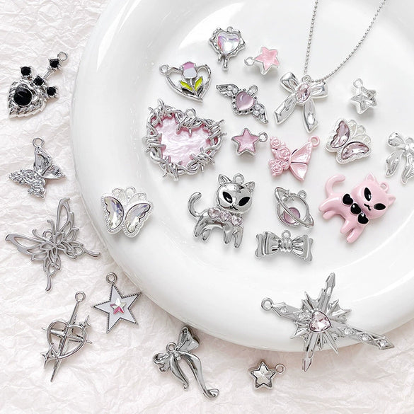 Alloy Beaded Pink Sweetheart Butterfly Love Cross Cat Pendant Electroplated Handmade Bracelet Necklace Accessories With Stars Love Pattern