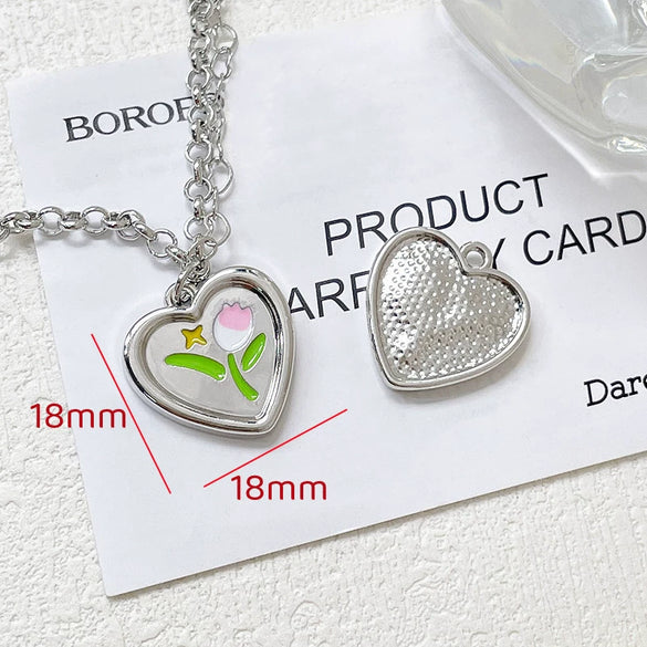 Alloy Beaded Y2k Sweet Heart Tulip Cherry Pendant Necklace And Bracelet Diy Handmade Accessories With Electroplating And Line Pattern