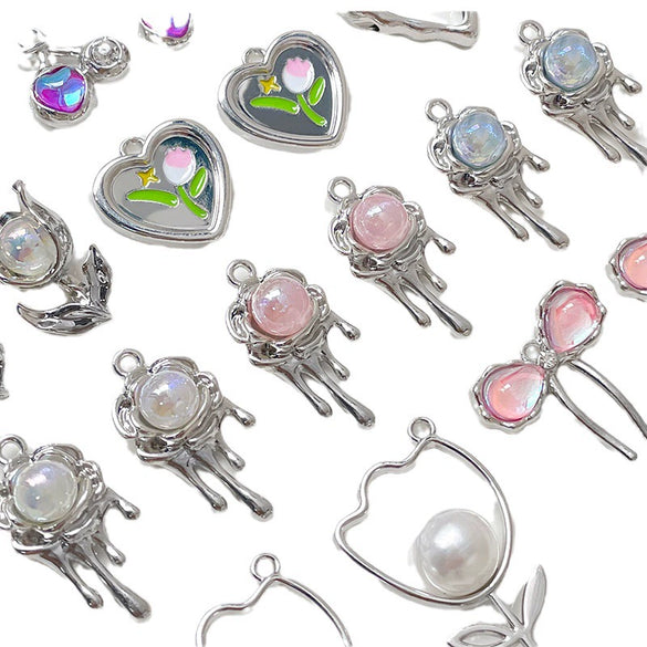 Alloy Beaded Y2k Sweet Heart Tulip Cherry Pendant Necklace And Bracelet Diy Handmade Accessories With Electroplating And Line Pattern