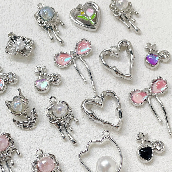 Alloy Beaded Y2k Sweet Heart Tulip Cherry Pendant Necklace And Bracelet Diy Handmade Accessories With Electroplating And Line Pattern