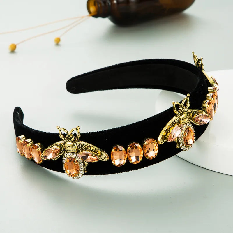 Alloy Bee Diamond-Studded Gold Velvet Headband