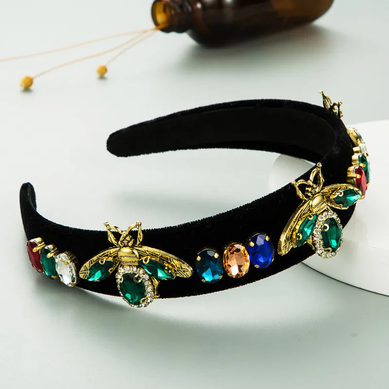 Alloy Bee Diamond-Studded Gold Velvet Headband