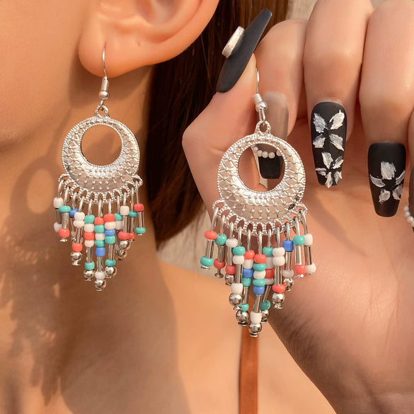 Alloy Bohemian Carved Hollow Geometric And Flower Earrings With Long Tassel Electroplating