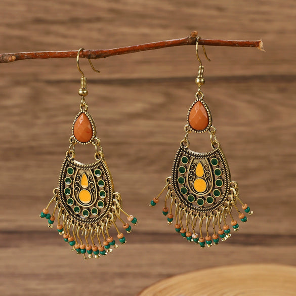 Alloy Bohemian Carved Hollow Geometric And Flower Earrings With Long Tassel Electroplating
