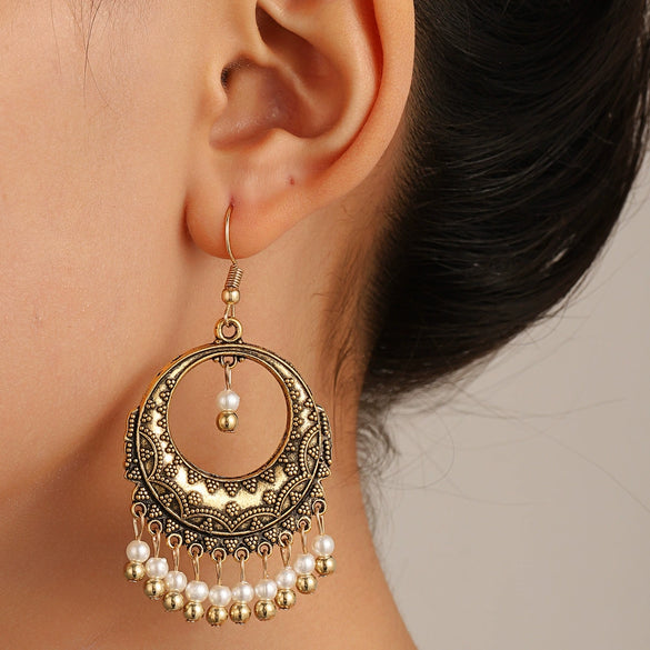 Alloy Bohemian Carved Hollow Geometric And Flower Earrings With Long Tassel Electroplating