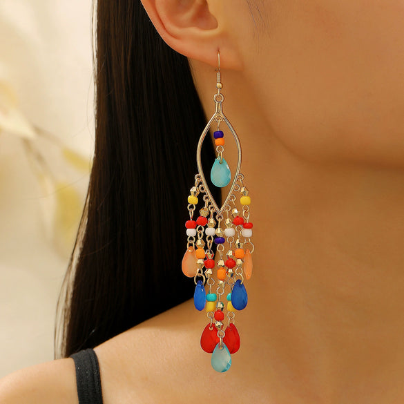 Alloy Bohemian Carved Hollow Geometric And Flower Earrings With Long Tassel Electroplating