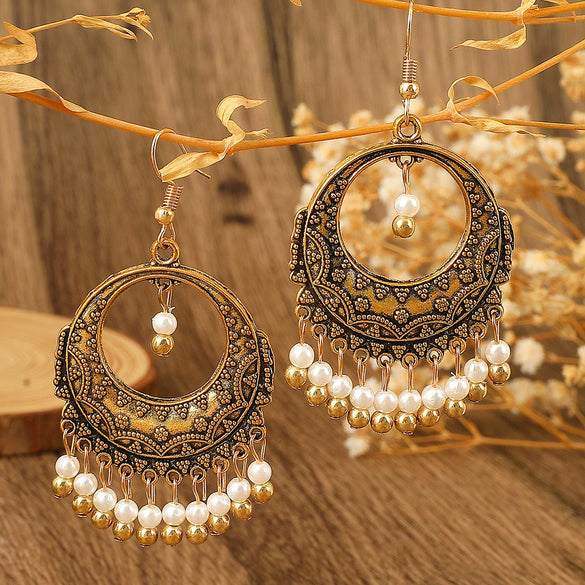Alloy Bohemian Carved Hollow Geometric And Flower Earrings With Long Tassel Electroplating