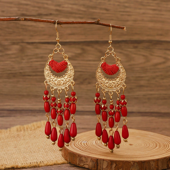 Alloy Bohemian Carved Hollow Geometric And Flower Earrings With Long Tassel Electroplating