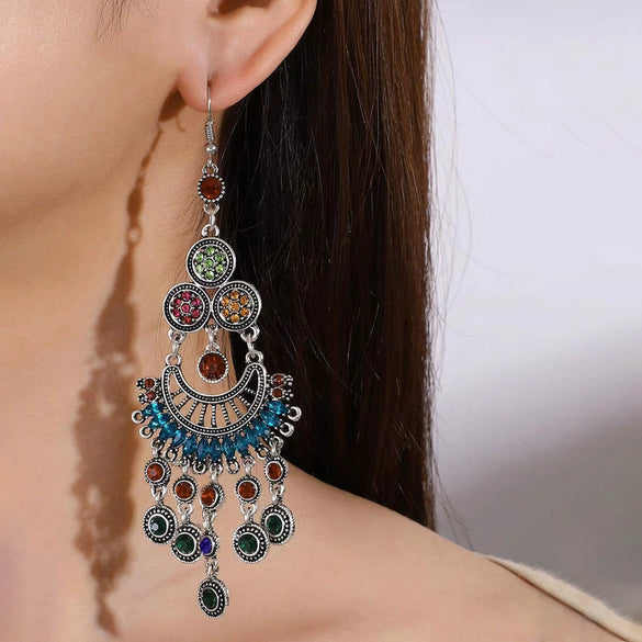 Alloy Bohemian Carved Hollow Geometric And Flower Earrings With Long Tassel Electroplating