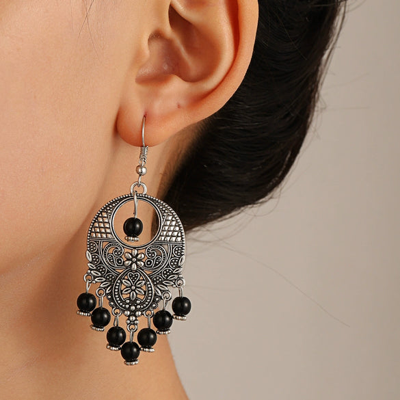 Alloy Bohemian Carved Hollow Geometric And Flower Earrings With Long Tassel Electroplating