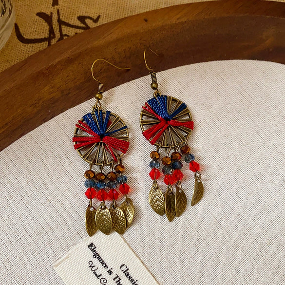 Alloy Bohemian Oil Dripping Rhombus Cotton Thread Tassel Earrings