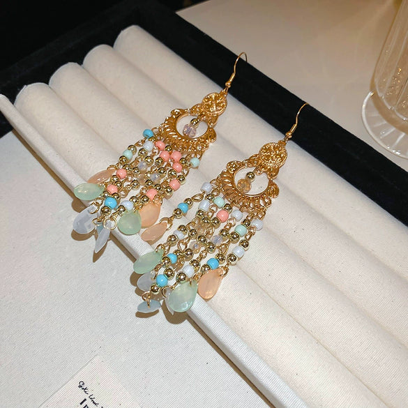 Alloy Bohemian Oil Dripping Rhombus Cotton Thread Tassel Earrings
