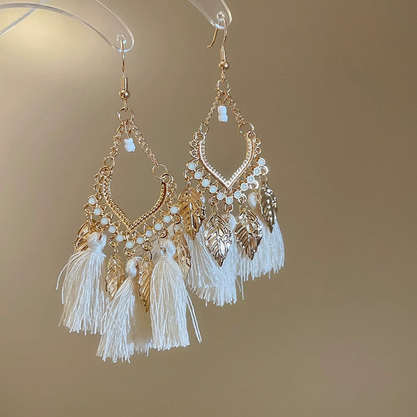 Alloy Bohemian Oil Dripping Rhombus Cotton Thread Tassel Earrings
