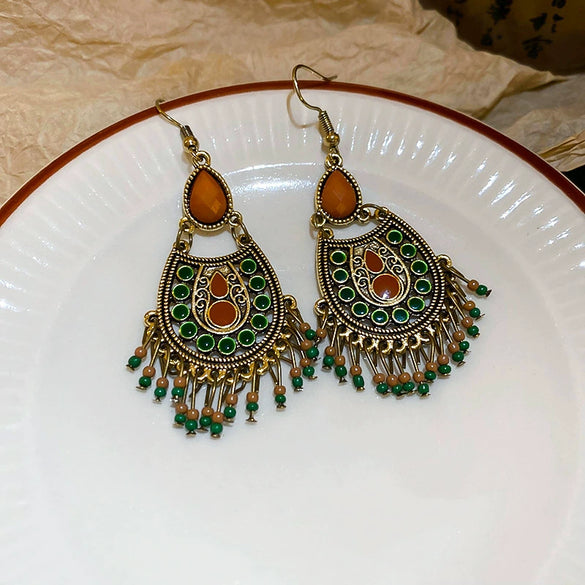 Alloy Bohemian Oil Dripping Rhombus Cotton Thread Tassel Earrings