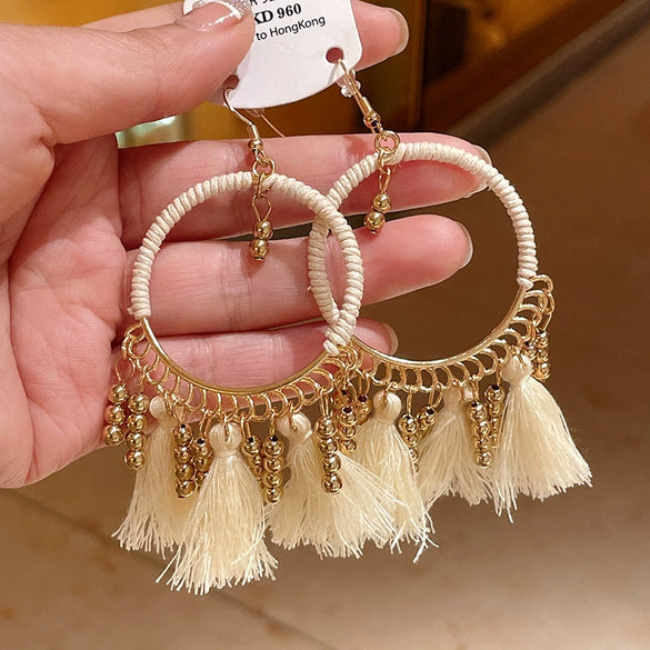 Alloy Bohemian Oil Dripping Rhombus Cotton Thread Tassel Earrings