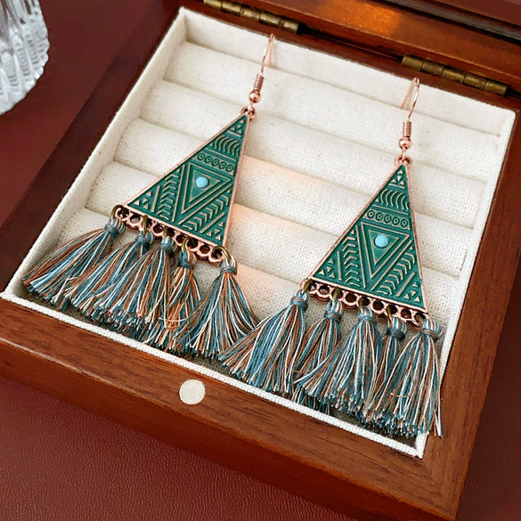 Alloy Bohemian Oil Dripping Rhombus Cotton Thread Tassel Earrings