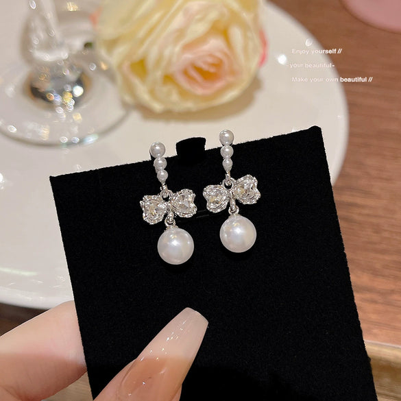 Alloy Bow And Heart Shape Electroplated Zircon Pearl Women's Earrings