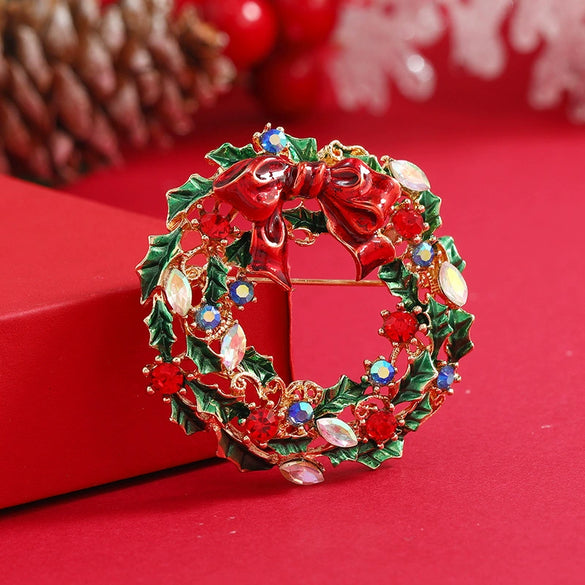 Alloy Bow Christmas Wreath Brooch For Women