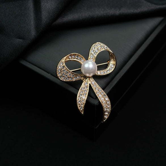 Alloy Bow Hollow Pearl Diamond Brooch Electroplated Lovely Style For Female And Unisex