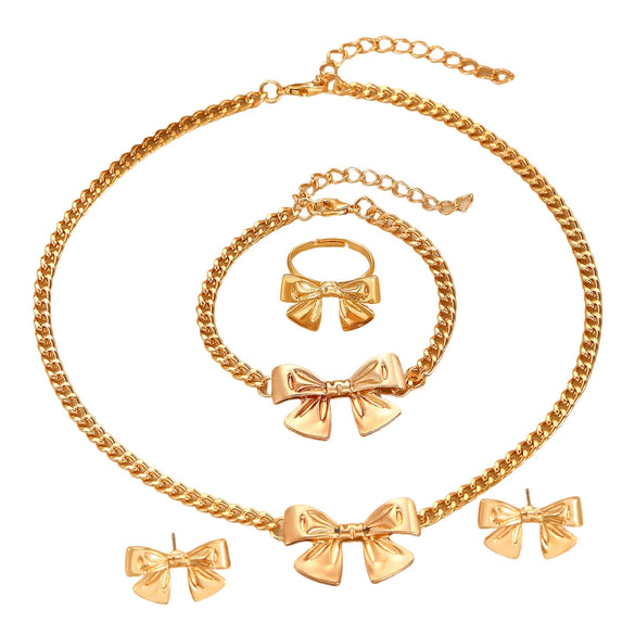 Alloy Bow Jewelry Set For Women With Electroplating Including Bracelet Necklace Ring Earrings