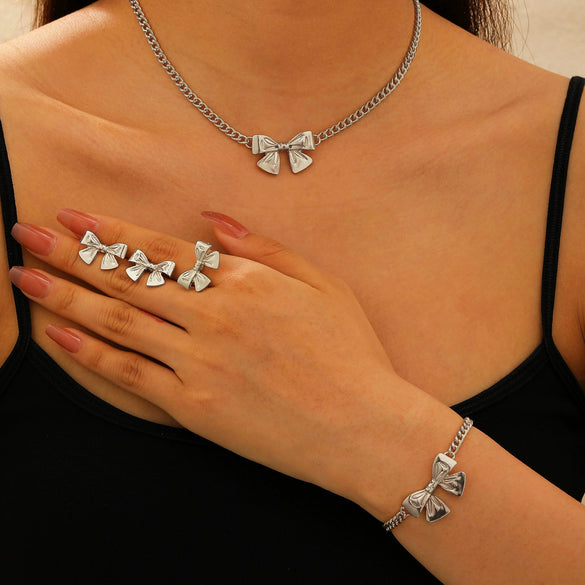 Alloy Bow Jewelry Set For Women With Electroplating Including Bracelet Necklace Ring Earrings