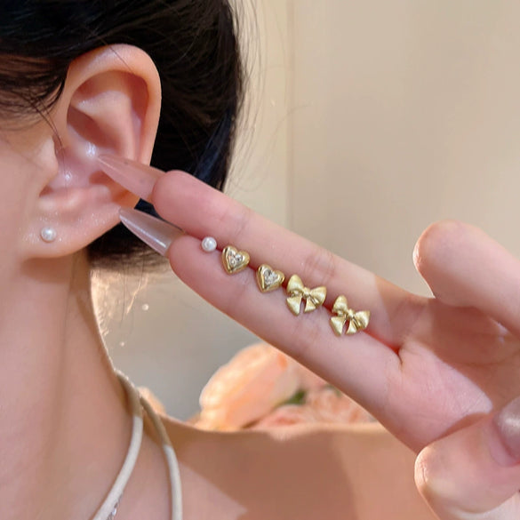 Alloy Bow Shape Electroplated Women's Minimalist Pearl Set Earrings