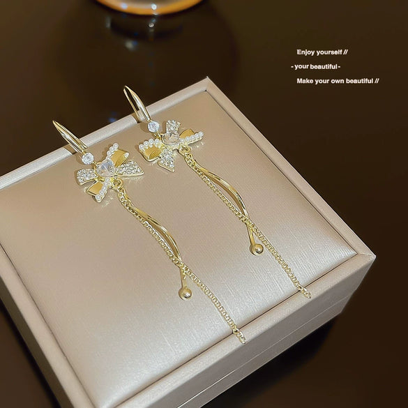 Alloy Bow Tassel Earrings Set With Pearls For Women