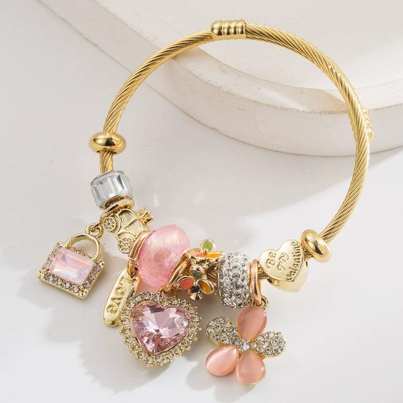 Alloy Bracelet With Lock Heart Love Flower Pendant Set With Diamonds Fashionable And Sweet For Women