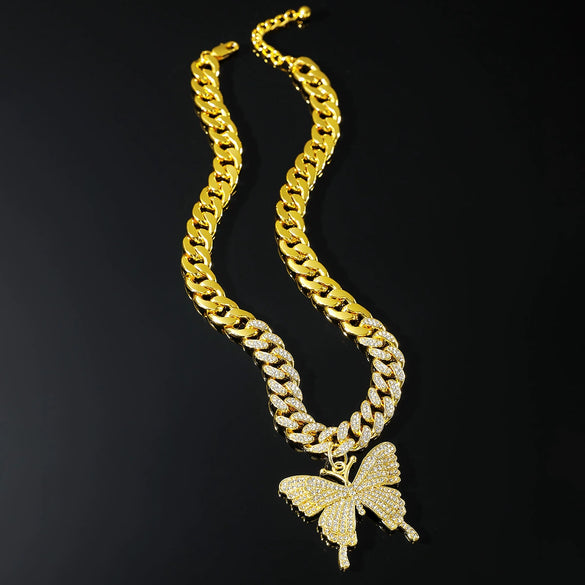 Alloy Butterfly Cuban Chain Necklace With Diamond Inlay Hiphop Style Featuring Letters Numbers Text Pattern For Men