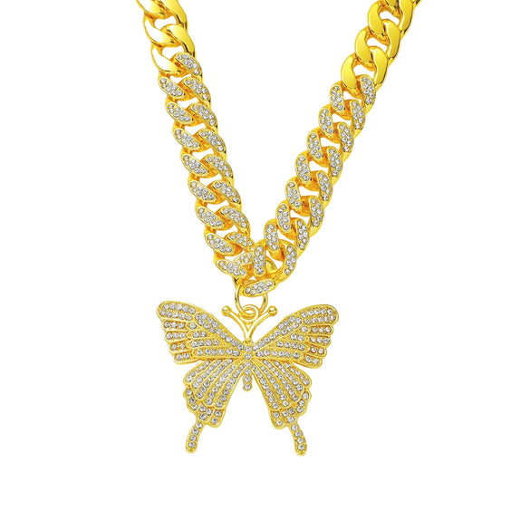 Alloy Butterfly Cuban Chain Necklace With Diamond Inlay Hiphop Style Featuring Letters Numbers Text Pattern For Men