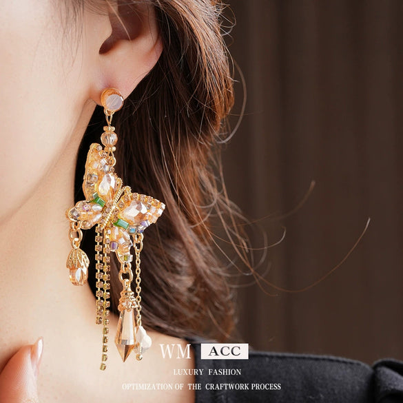 Alloy Butterfly Tassel Earrings Set With Diamonds Geometric Animal Zodiac Retro Sophisticated For Women