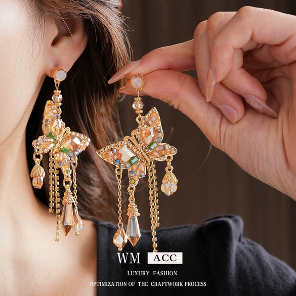 Alloy Butterfly Tassel Earrings Set With Diamonds Geometric Animal Zodiac Retro Sophisticated For Women