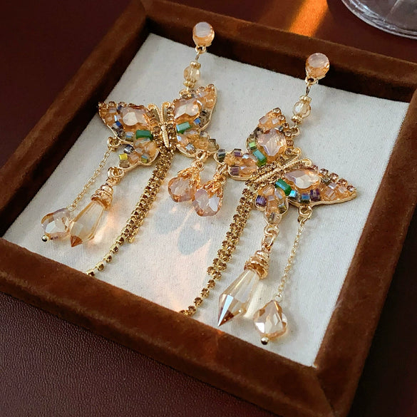 Alloy Butterfly Tassel Earrings Set With Diamonds Geometric Animal Zodiac Retro Sophisticated For Women