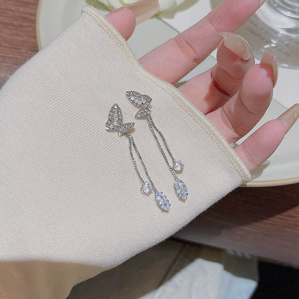 Alloy Butterfly Tassel Earrings With Diamond Design For Women