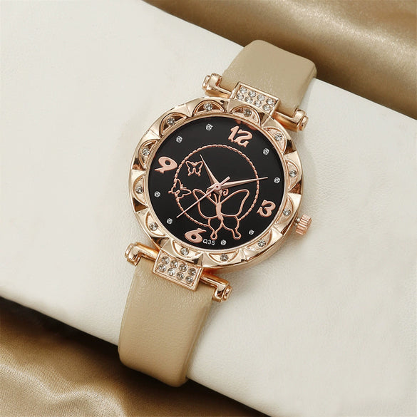 Alloy Casual Round Dial Belt Watch And Pearl Butterfly Jewelry Set For Women