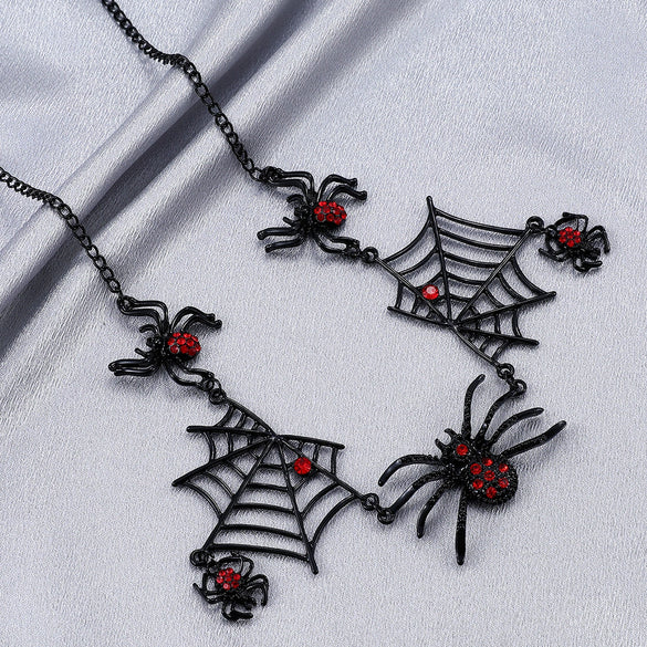 Alloy Clavicle Chain With Black Spider Web Pattern Retro Gothic Style Pendant Electroplated For Women